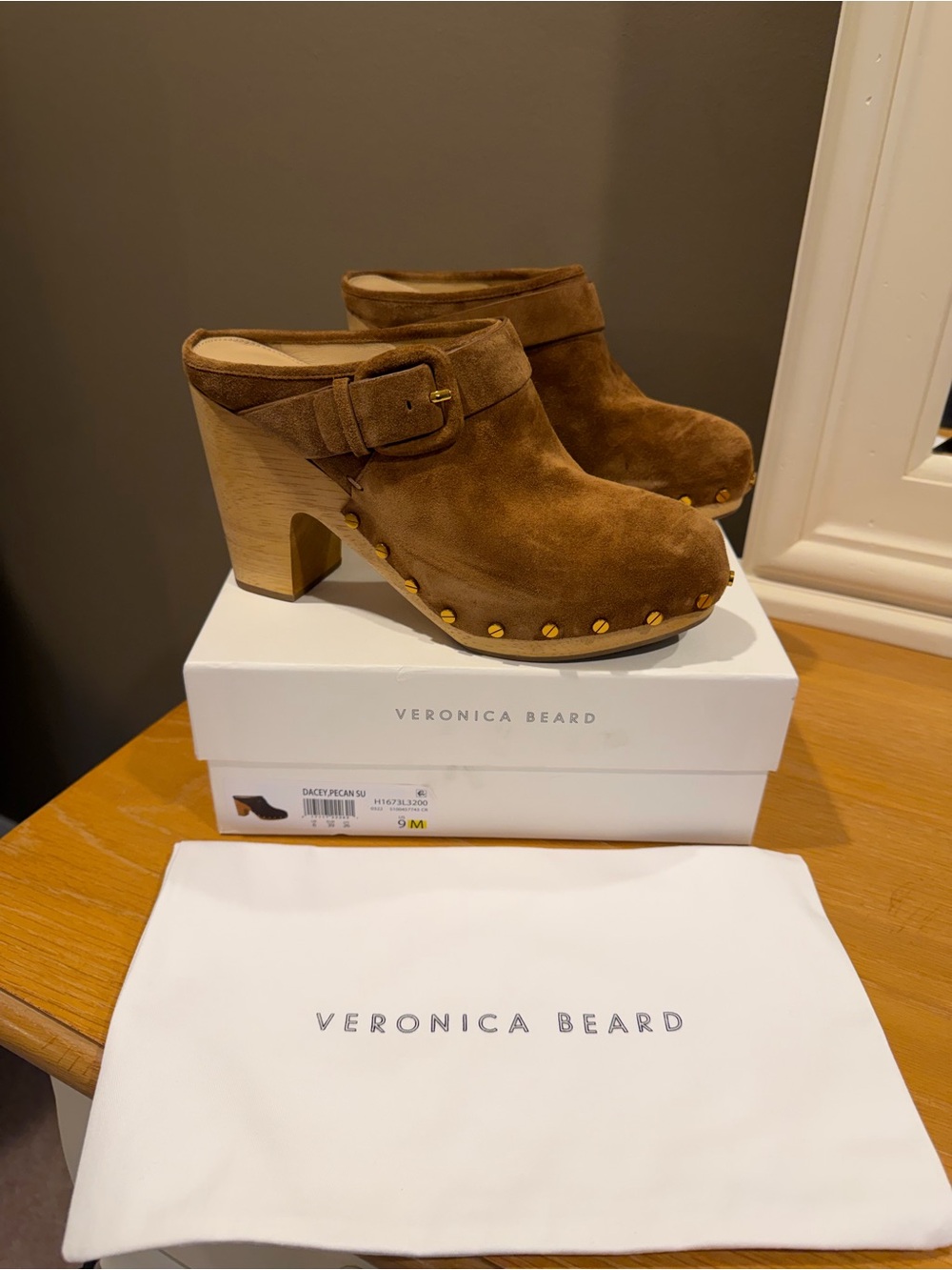 Veronica Beard Dacey Chestnut Suede Studded Clog Mules